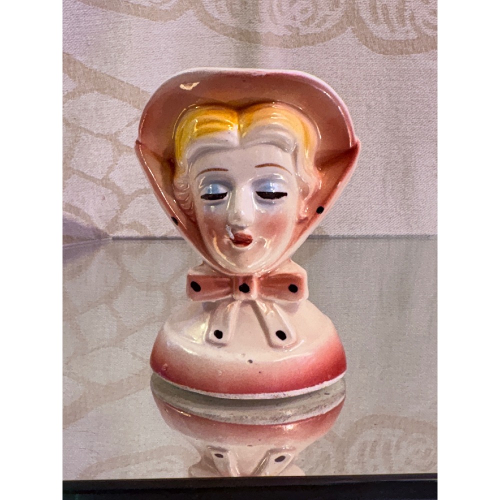 Vintage Ceramic Lady Head Vase Pink Polka Dot Bonnet Bow Mid Century 52 Planter